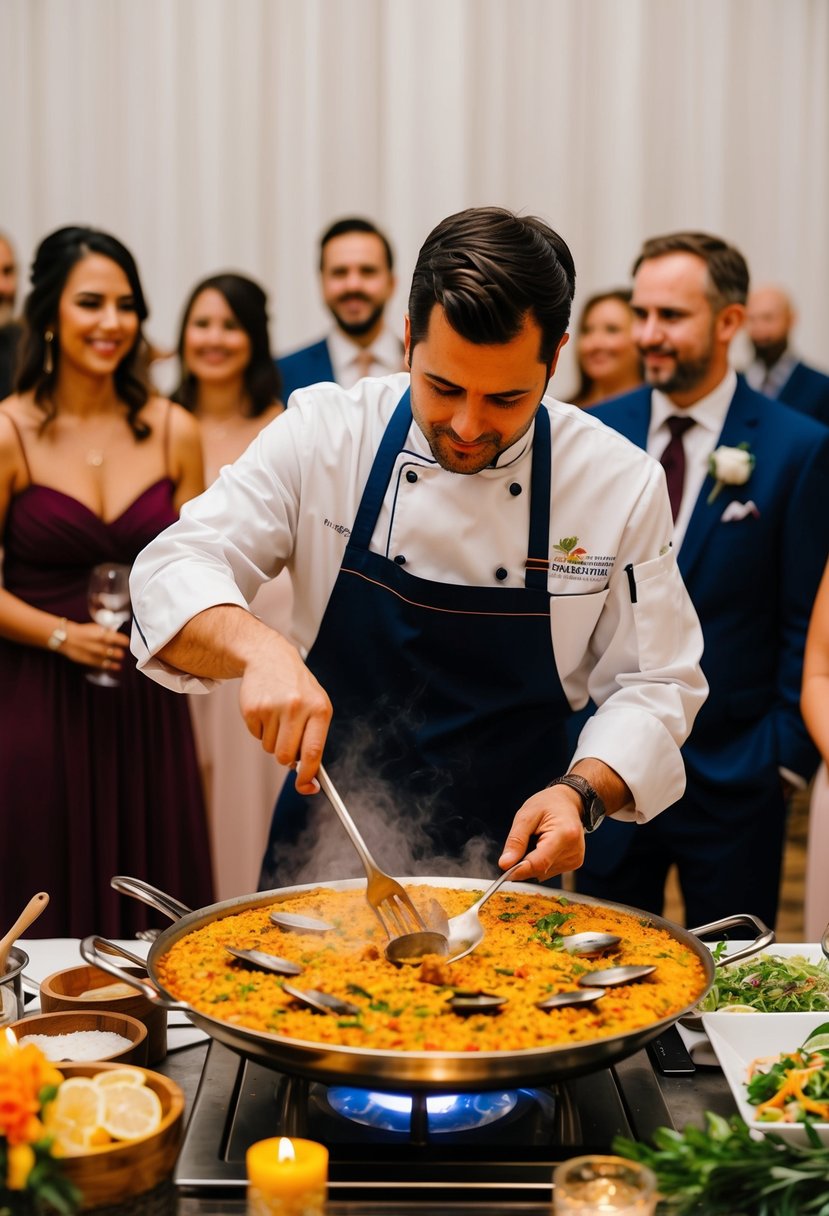 A chef cooks paella at a live station, surrounded by colorful ingredients and cooking utensils, as guests watch at a wedding reception