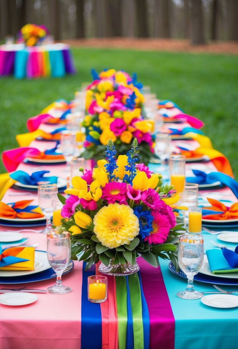 A vibrant outdoor spring wedding with bold color accents in the form of bright floral arrangements, colorful ribbons, and striking table decor