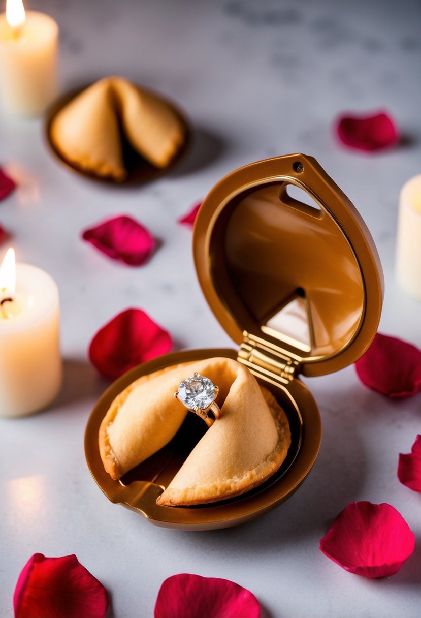 A fortune cookie opened with a ring inside, surrounded by rose petals and candles