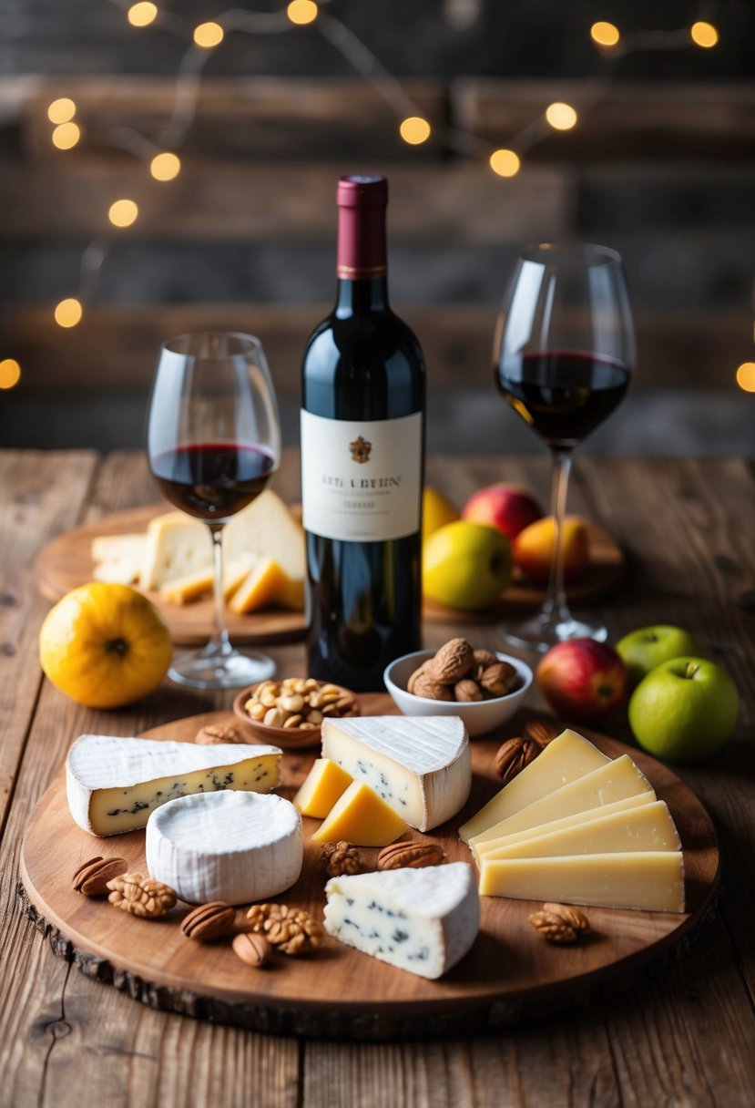 A rustic wooden table displays an array of artisanal cheeses and fine wines, accompanied by fresh fruits and nuts