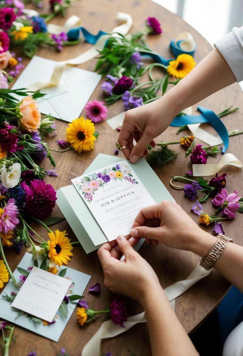 A table scattered with colorful flowers, ribbons, and paper, as a pair of hands delicately assembles a DIY wedding invitation