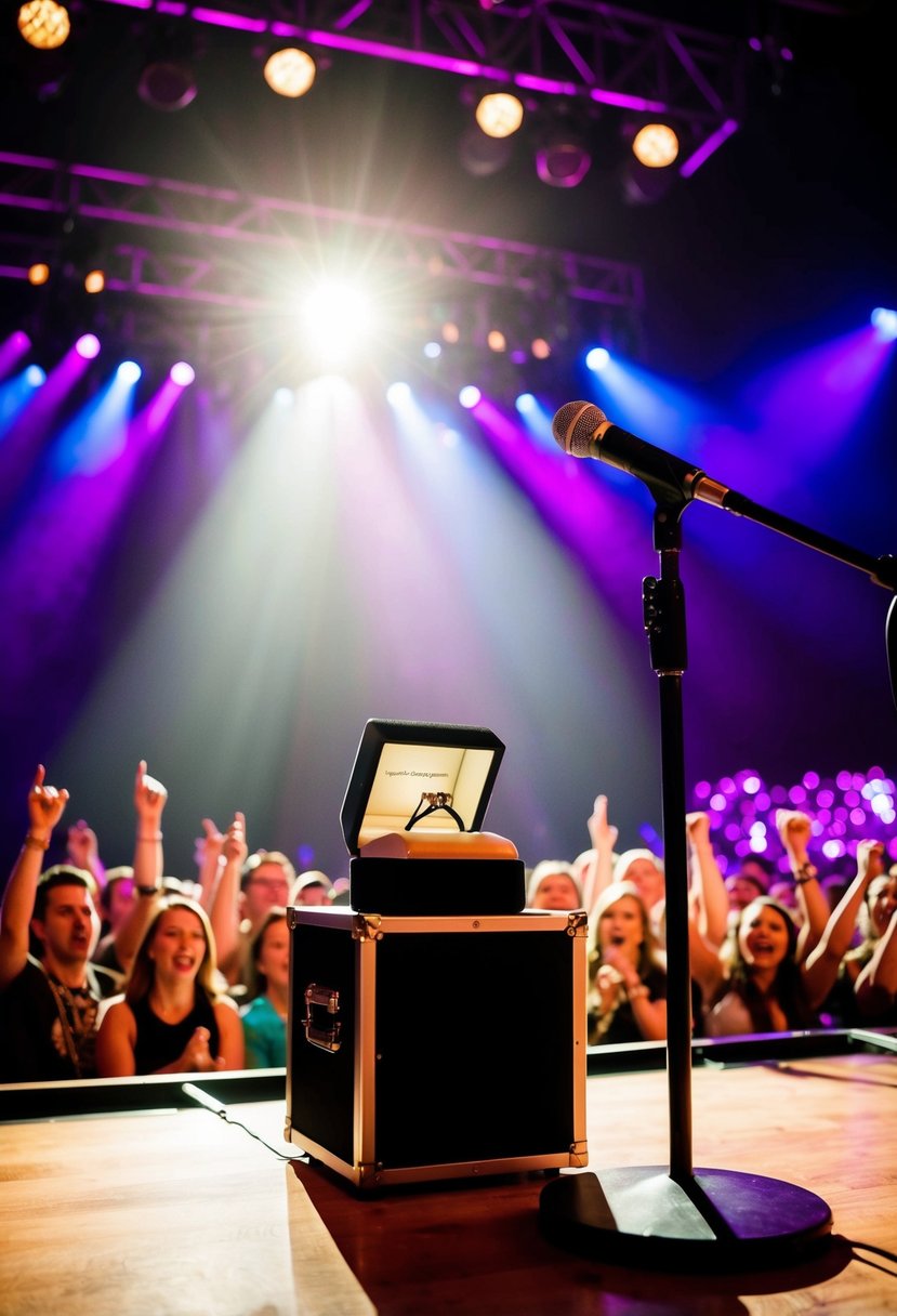 A vibrant concert stage with a spotlight shining on a ring box placed on a microphone stand. The crowd cheers in anticipation