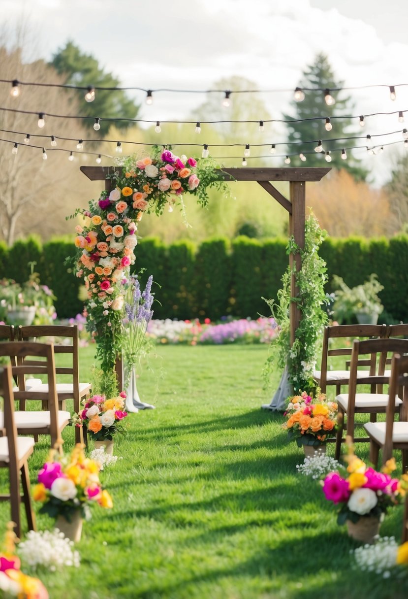 A blooming garden with colorful flowers, a rustic wooden arch, and delicate string lights, creating a romantic setting for a budget-friendly spring wedding ceremony