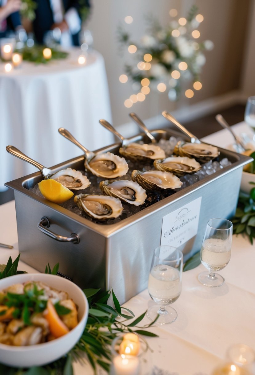 An elegant oyster shucking station with fresh seafood, ice, and garnishes at a wedding reception