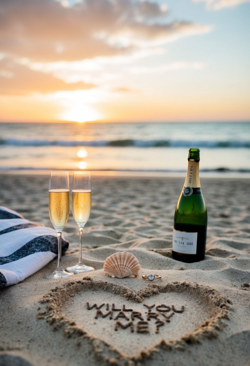 A secluded beach at sunset, with a blanket, champagne, and a ring hidden in a shell. A heart drawn in the sand with "Will you marry me?" written inside