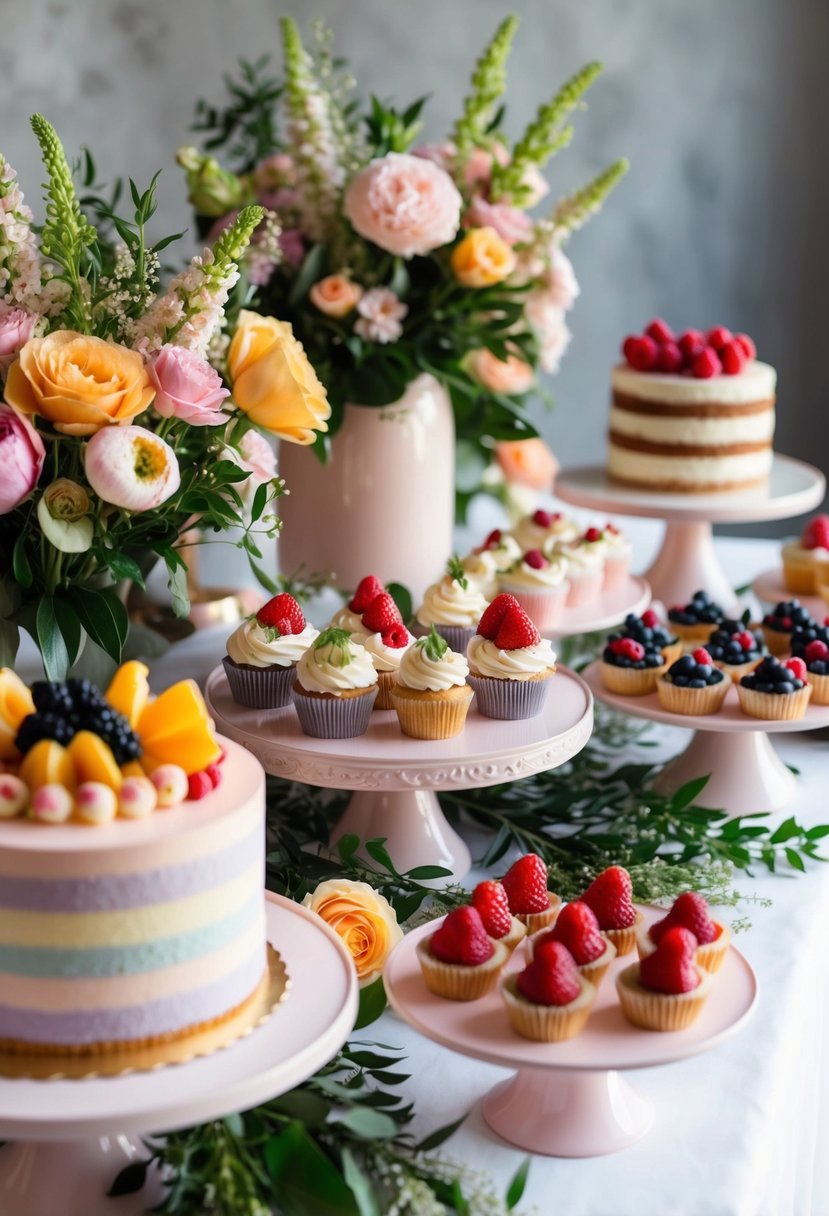 A pastel-colored dessert table adorned with fresh flowers and greenery, featuring an array of decadent cakes, cupcakes, and fruit tarts