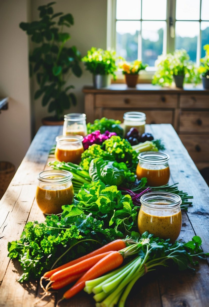 A rustic wooden table displays an array of fresh, colorful vegetables and greens, with jars of homemade dressings and toppings. Sunlight streams in, creating a warm and inviting atmosphere