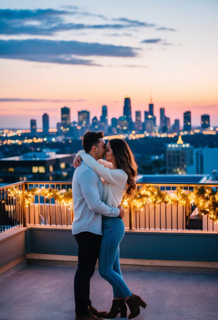 A couple embraces on a scenic rooftop at sunset, surrounded by twinkling city lights and a breathtaking view of the skyline