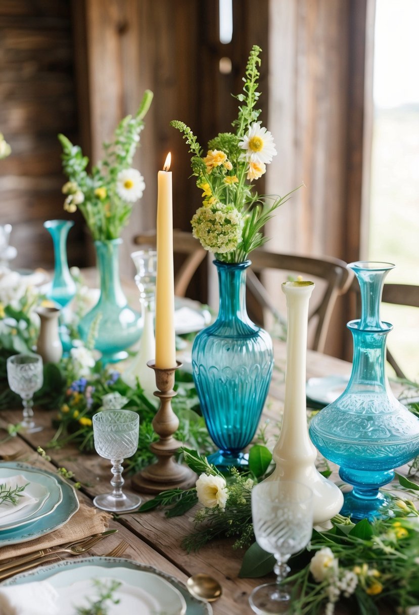 Vintage vases, candle holders, and mismatched glassware arranged on a rustic wooden table with wildflowers and greenery for a spring wedding