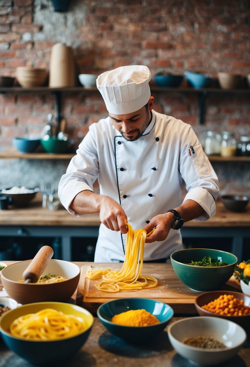 A chef prepares fresh pasta at a rustic station, surrounded by bowls of colorful ingredients and a rolling pin