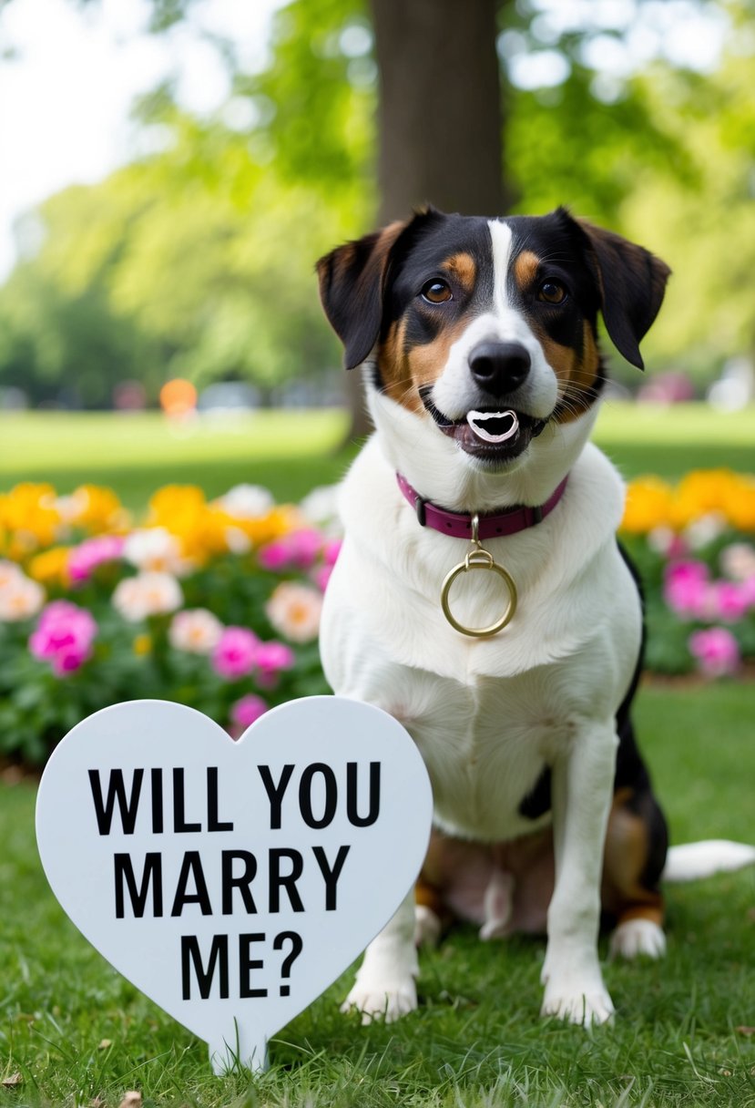 A dog holds a ring in its mouth, standing beside a heart-shaped sign that reads "Will you marry me?" in a park filled with flowers