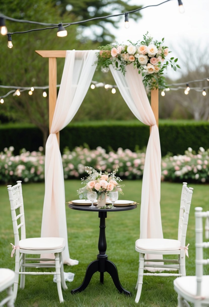 A quaint outdoor garden setting with pastel flowers, draped string lights, and a simple wooden arch for the ceremony. A small table with a floral centerpiece and delicate place settings for the intimate reception