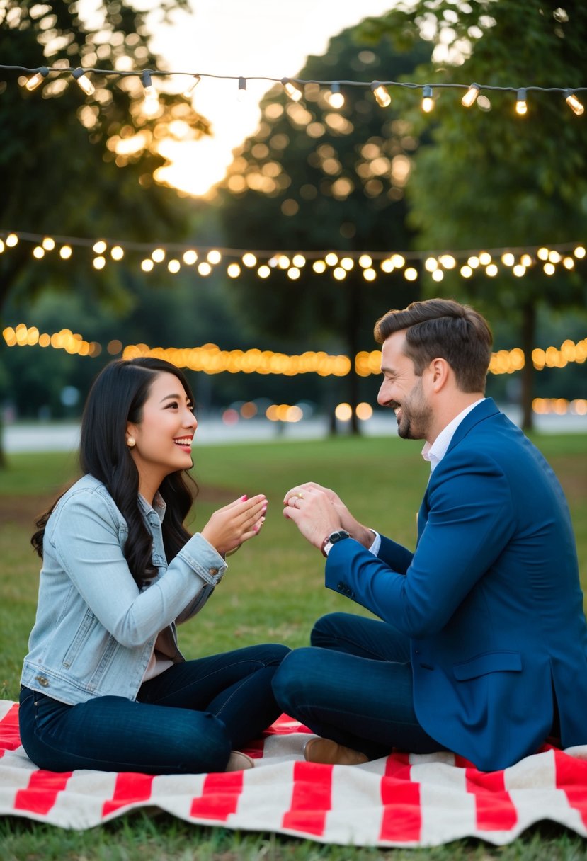 A couple sits on a picnic blanket in a park, surrounded by twinkling lights and a romantic sunset. The man presents a ring as the woman looks surprised and delighted