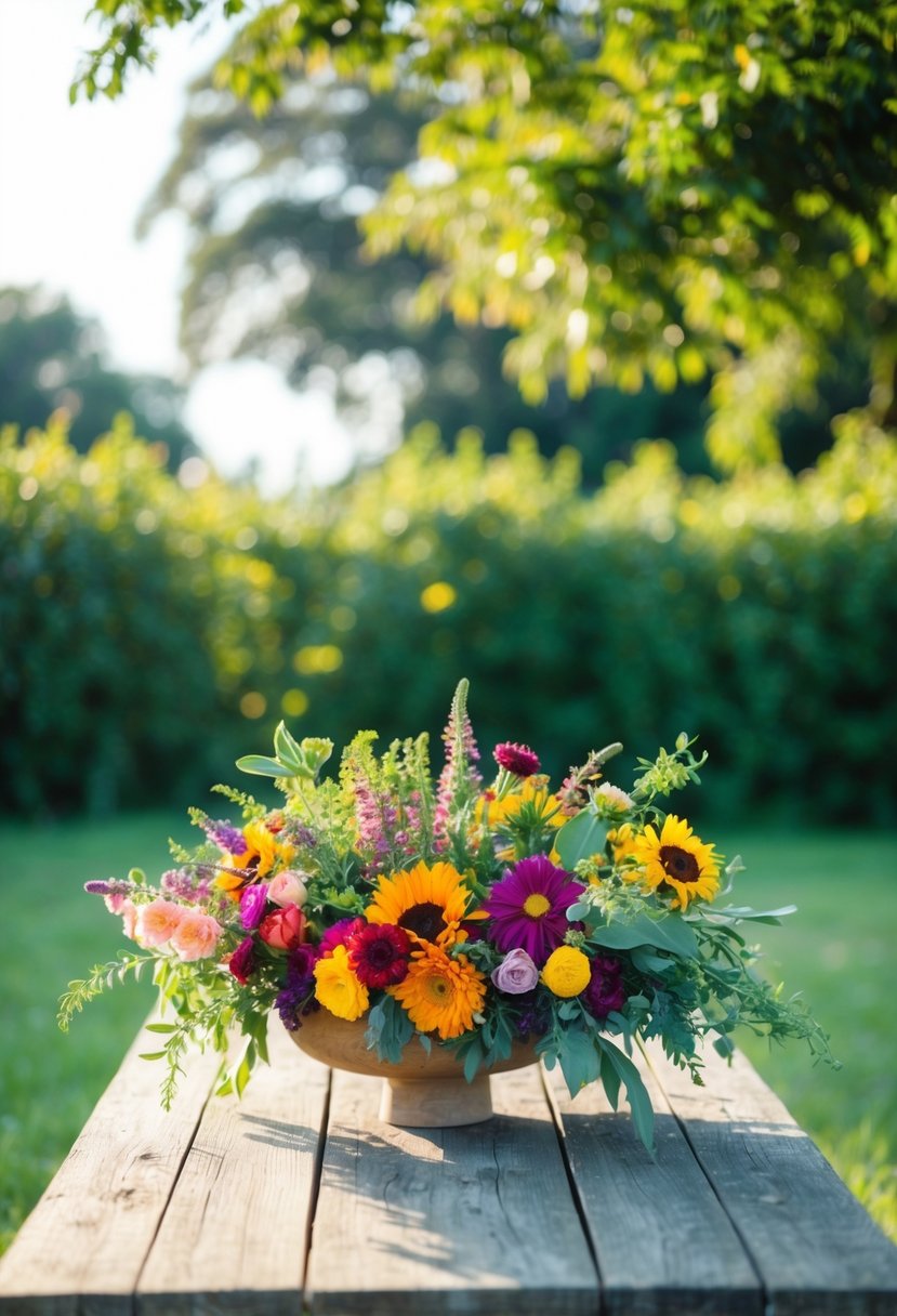 A rustic wooden table adorned with an array of vibrant seasonal local flowers, set against a backdrop of lush greenery and soft sunlight