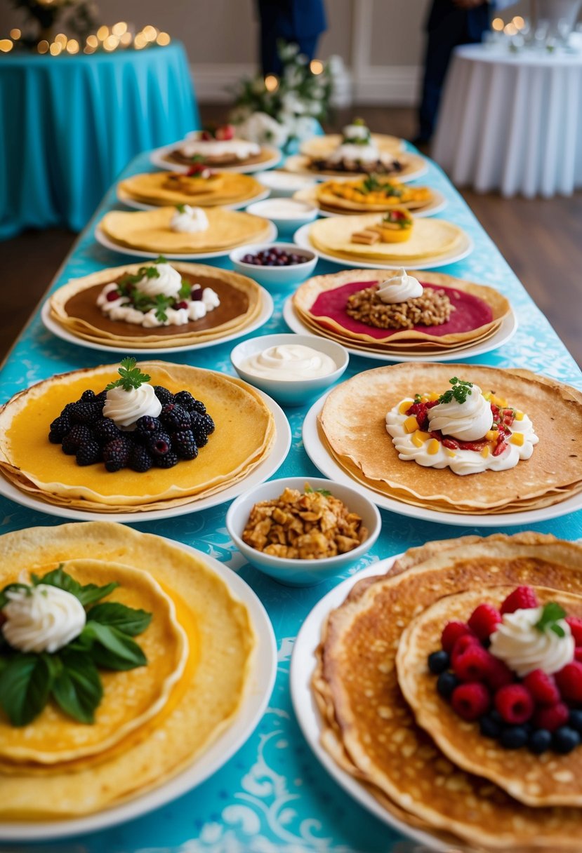 A colorful spread of sweet and savory crepes with a variety of toppings and fillings displayed on a decorated table at a wedding reception