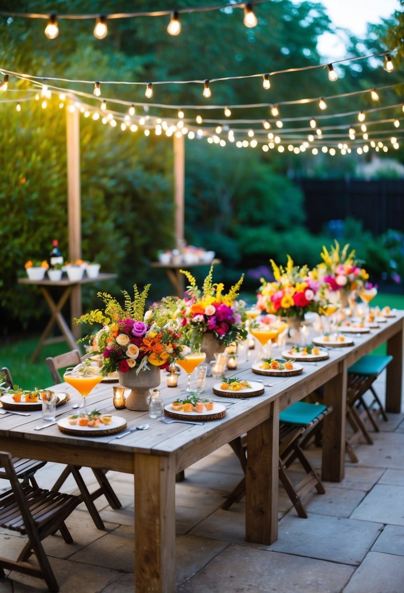 A garden patio with string lights, colorful floral centerpieces, and a variety of appetizers and cocktails displayed on rustic wooden tables