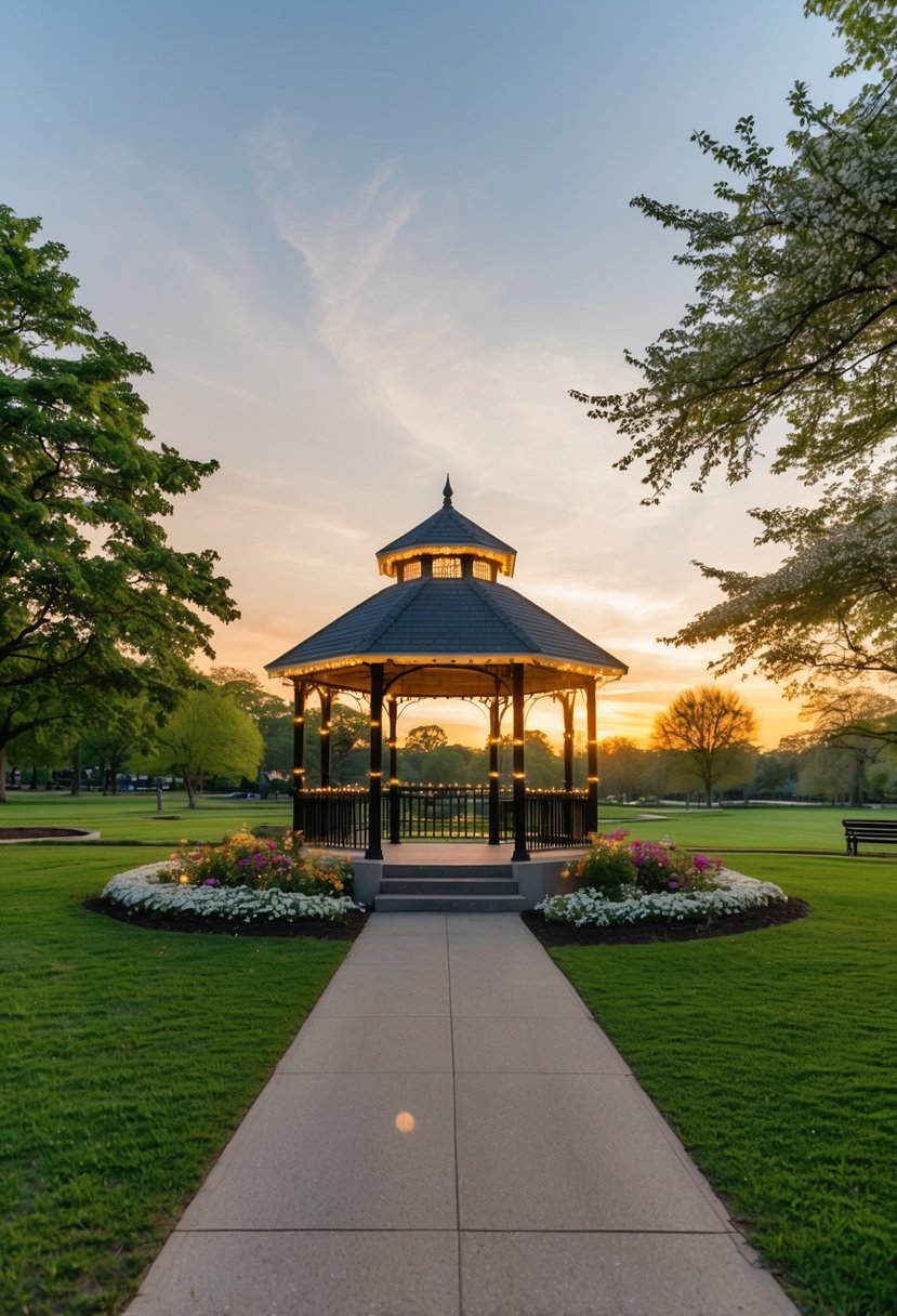 A serene park clearing at sunset, with a picturesque gazebo adorned with twinkling lights and surrounded by blooming flowers and lush greenery