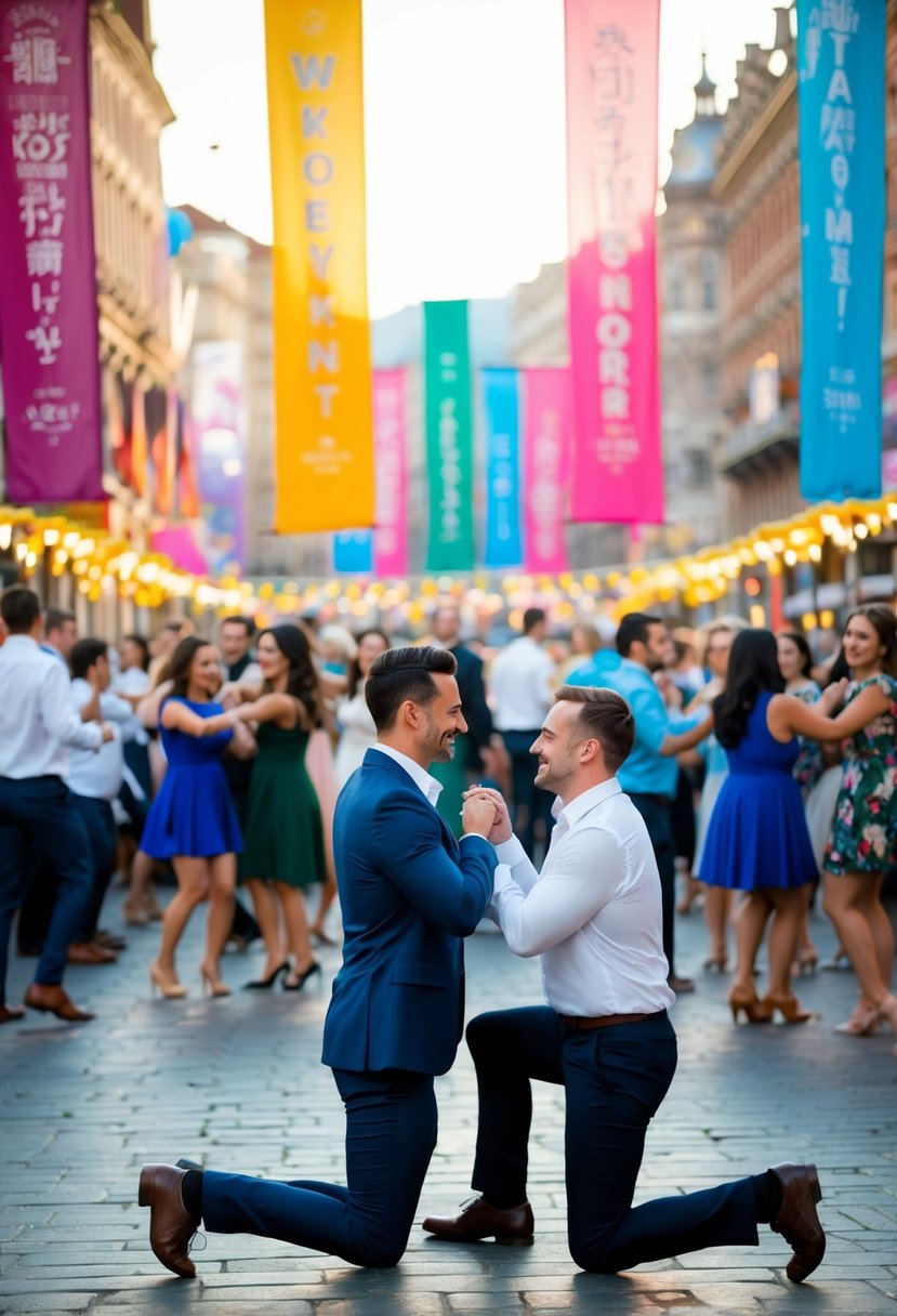 A crowded city square with colorful banners and music. Couples dancing and a man on one knee proposing in the center