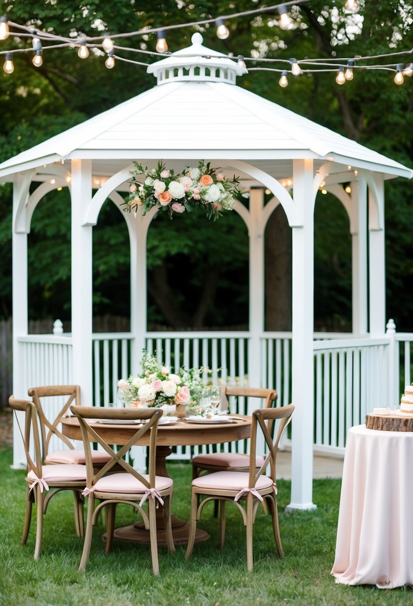 A backyard wedding: a white gazebo adorned with flowers, bistro lights strung overhead, wooden chairs with pastel cushions, a rustic dessert table