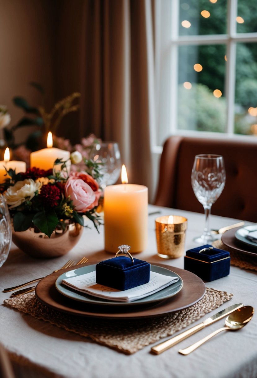 A cozy dining table with candles, flowers, and a ring box