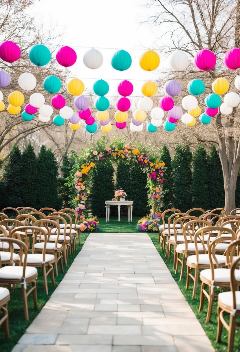 A charming outdoor garden adorned with colorful rented decorations for a budget-friendly spring wedding