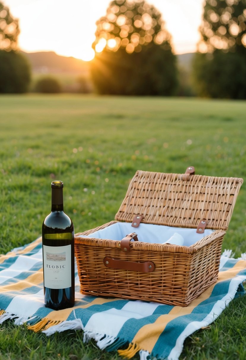 A picnic blanket spread on grass, a wicker basket, and a bottle of wine. The setting sun casts a warm glow over the scene