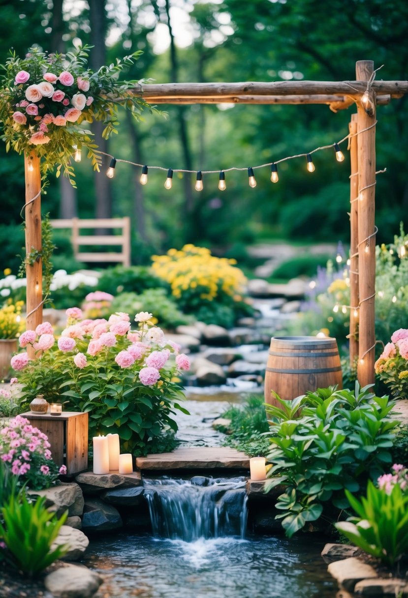 A serene outdoor setting with blooming flowers, lush greenery, and a flowing stream, adorned with rustic wooden decor and twinkling string lights