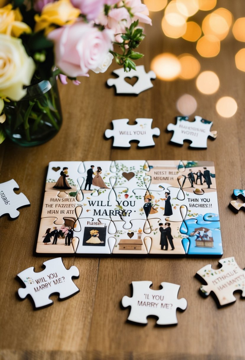 A table set with a custom puzzle depicting romantic scenes and symbols, with the hidden message "Will you marry me?" integrated into the design