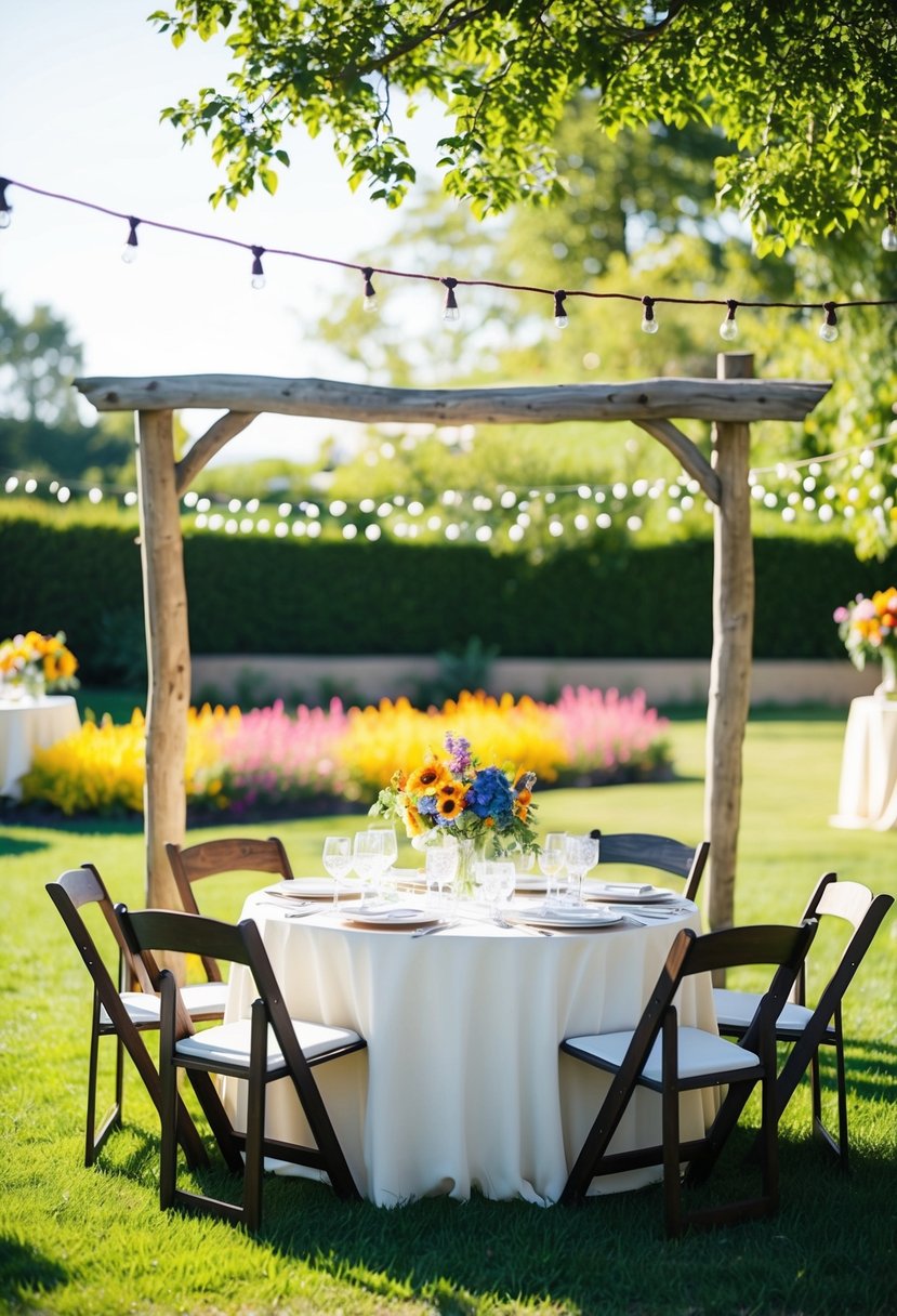 A sunny garden with colorful flowers, a rustic wooden arch, and string lights, with a table set for a daytime wedding reception