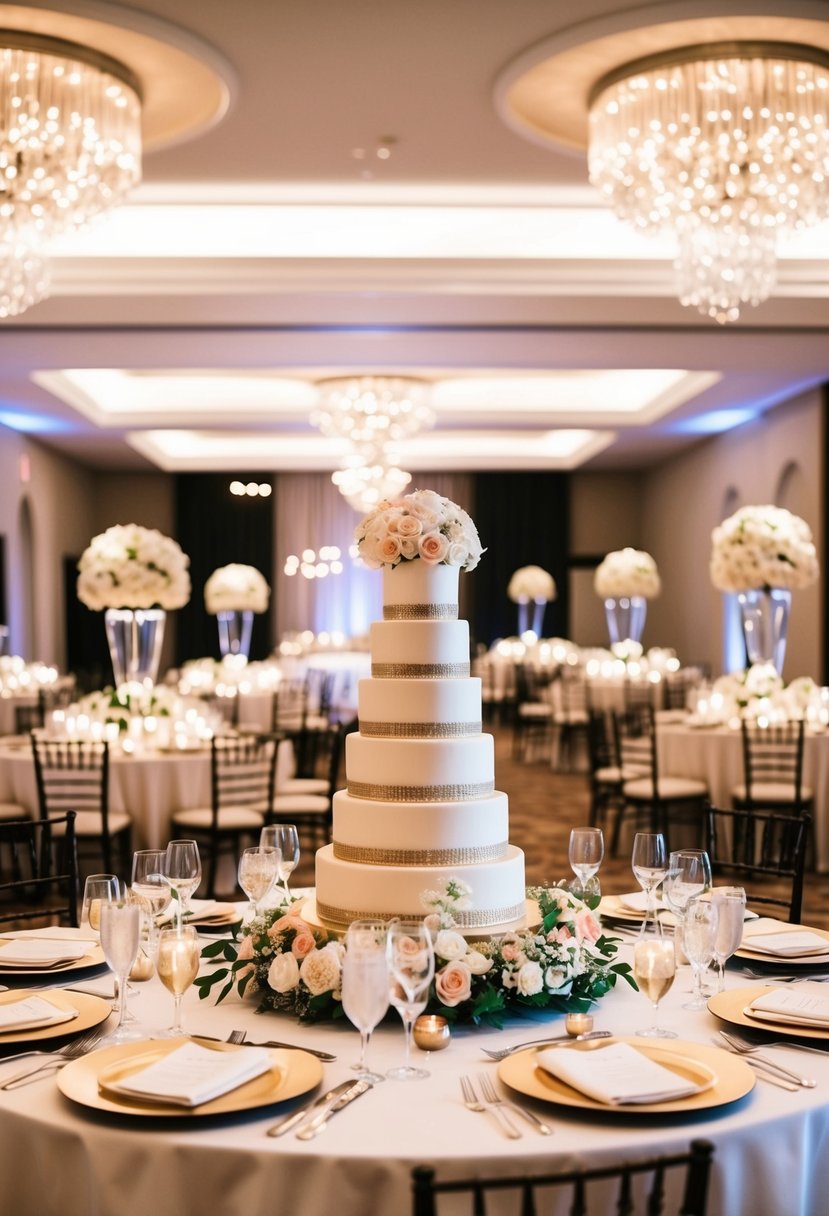 A beautifully decorated venue with elegant table settings, a romantic ambiance, and a lavish cake display for a wedding anniversary party