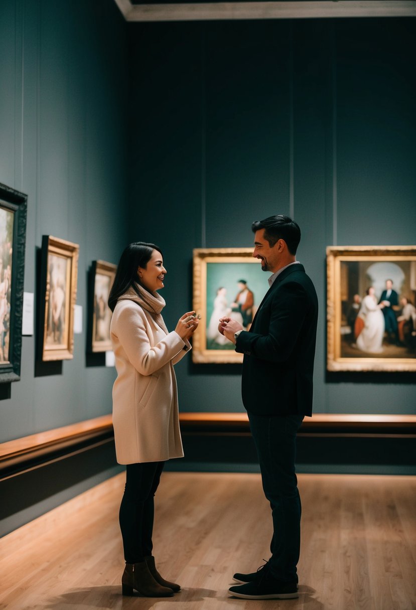 A couple stands in a dimly lit museum gallery. The partner holds a ring, ready to propose in front of their favorite artwork