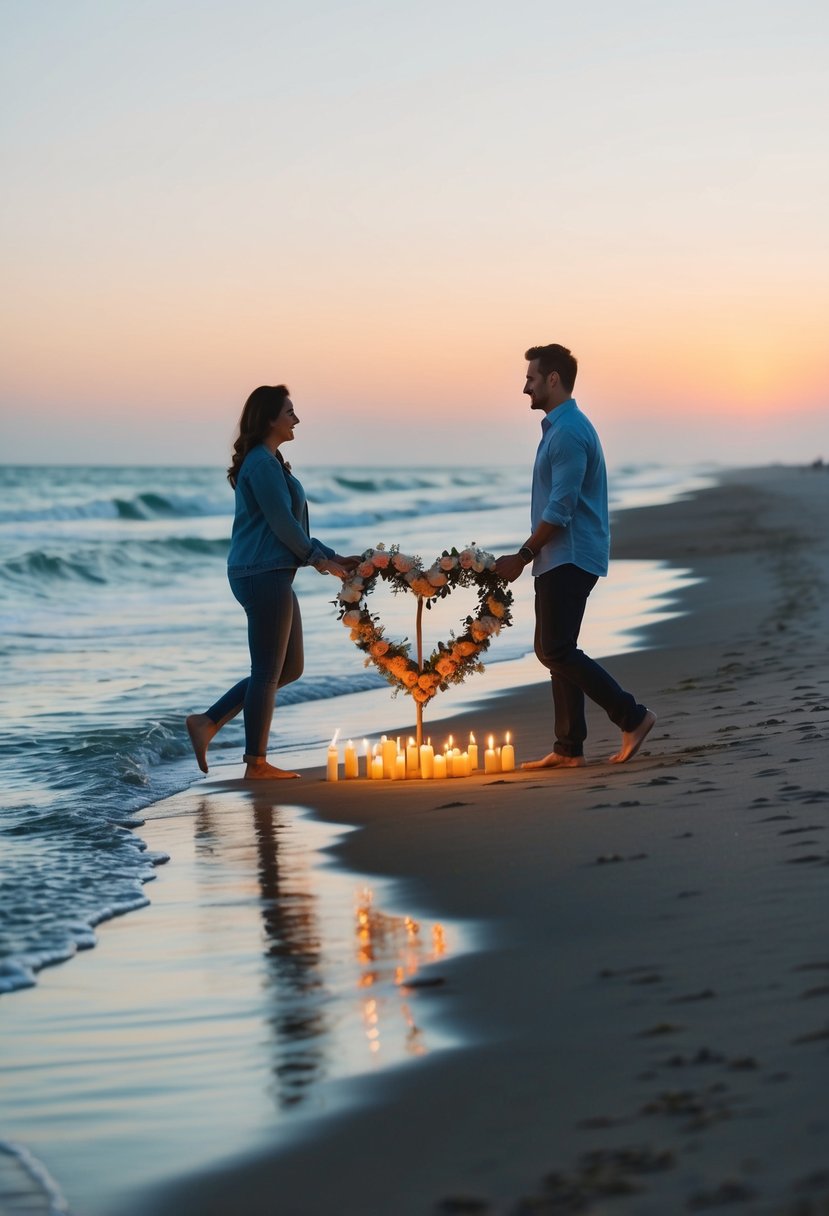 A couple walks along a serene beach at sunset, the waves gently lapping at the shore. A heart-shaped arrangement of candles and flowers marks the spot where the proposal will take place