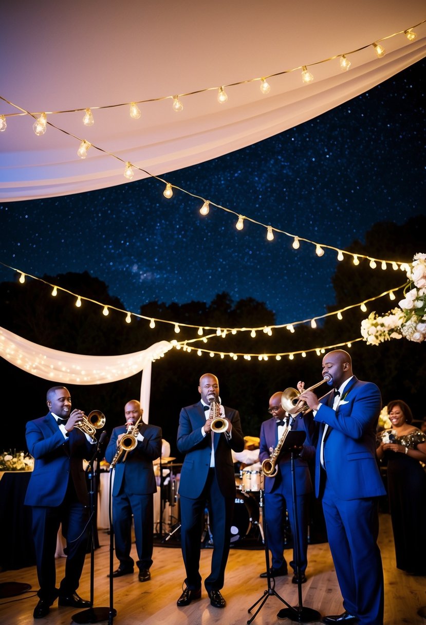 A jazz band performs under a starry night sky, surrounded by twinkling lights and elegant decor for a wedding anniversary party