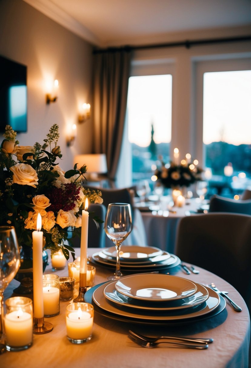 A candlelit table set with elegant dinnerware and a bouquet of flowers, surrounded by a cozy and intimate setting