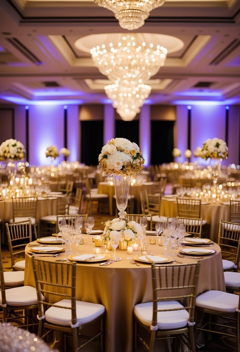 A grand banquet hall adorned with golden tablecloths, shimmering centerpieces, and elegant gold accents, creating a luxurious and celebratory atmosphere for a 50th wedding anniversary party