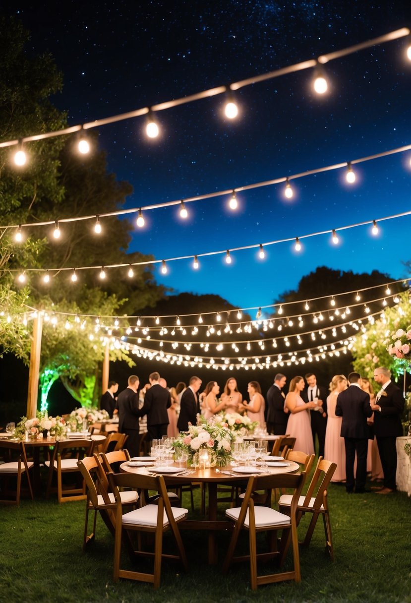 A garden party with string lights illuminating a romantic outdoor setting, with tables adorned with floral centerpieces and guests mingling under the starry night sky