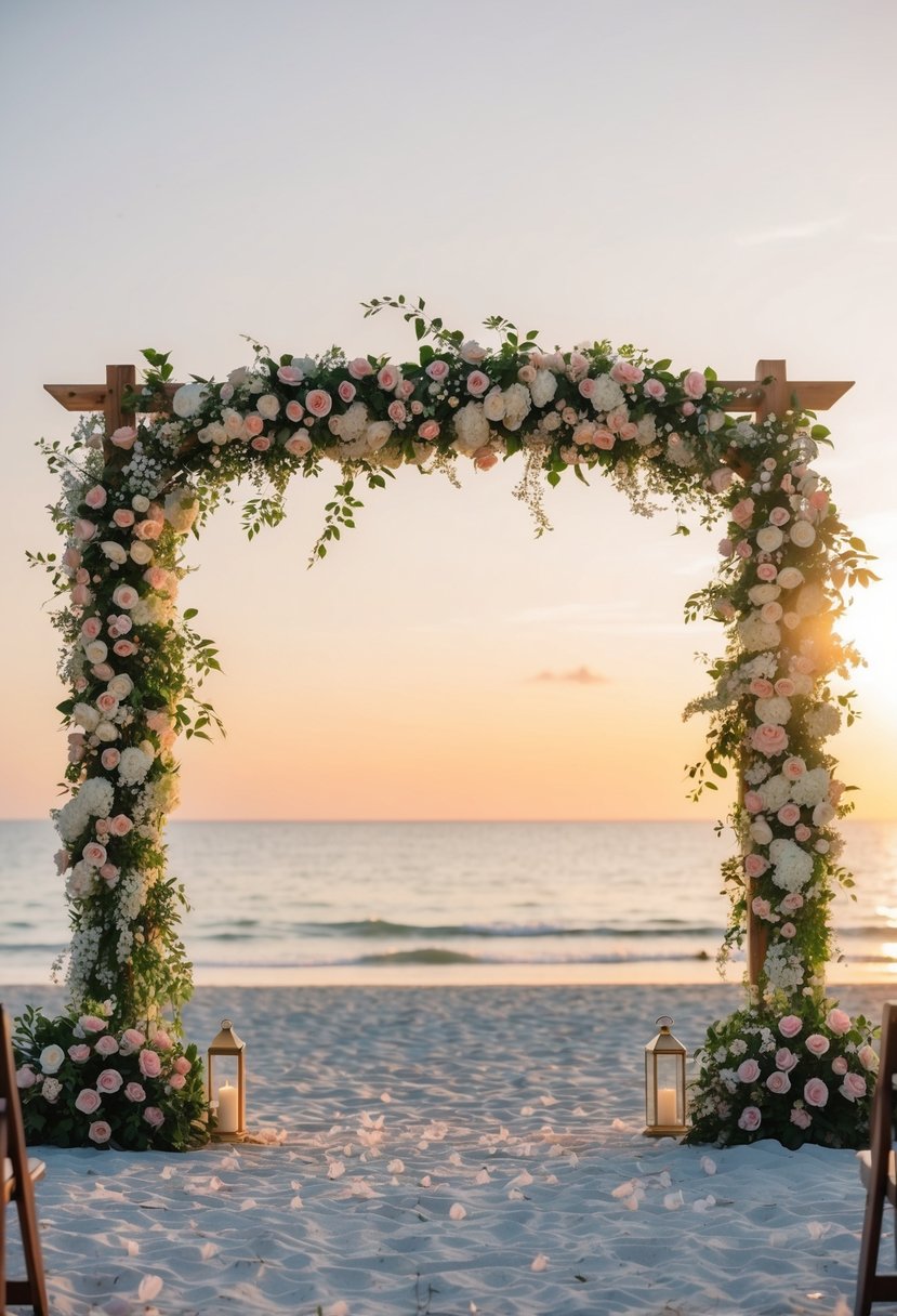 A serene beach setting with a floral arch, scattered rose petals, and a sunset backdrop for a Destination Renewal of Vows wedding anniversary party