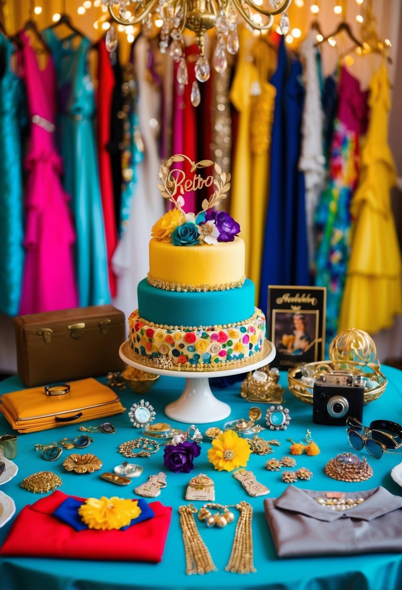 A colorful array of vintage clothing, accessories, and decor set the stage for a retro dress-up themed wedding anniversary party