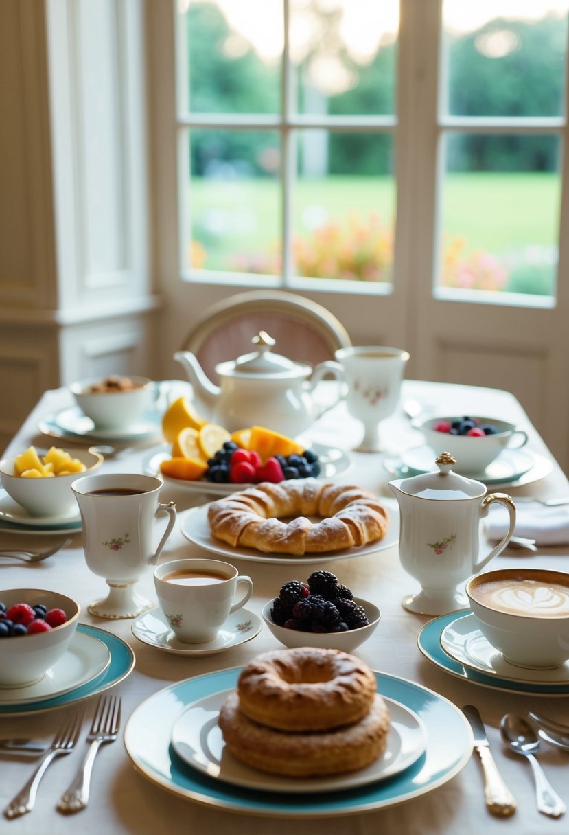 A table set with elegant place settings and a variety of breakfast foods, including pastries, fruit, and coffee, with a soft morning light streaming in through a window