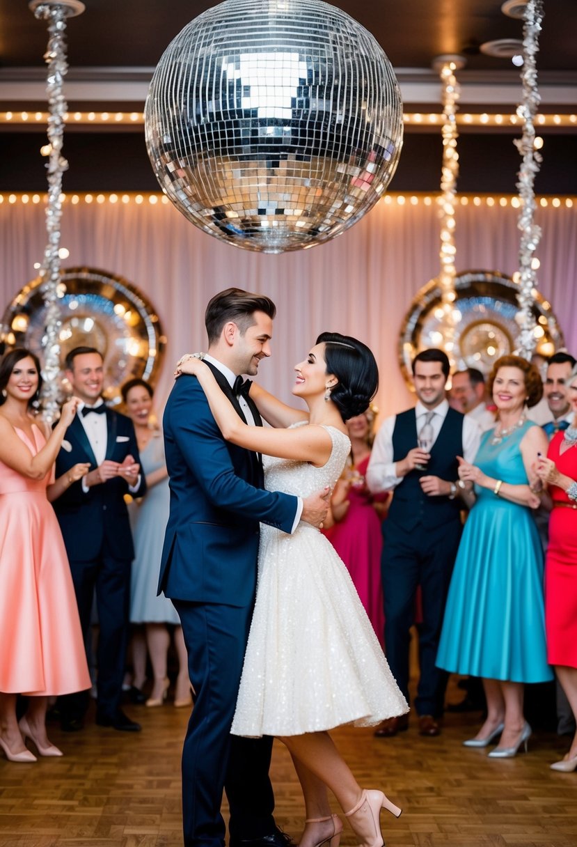 A couple dancing under a sparkling disco ball surrounded by vintage decorations and guests in retro attire