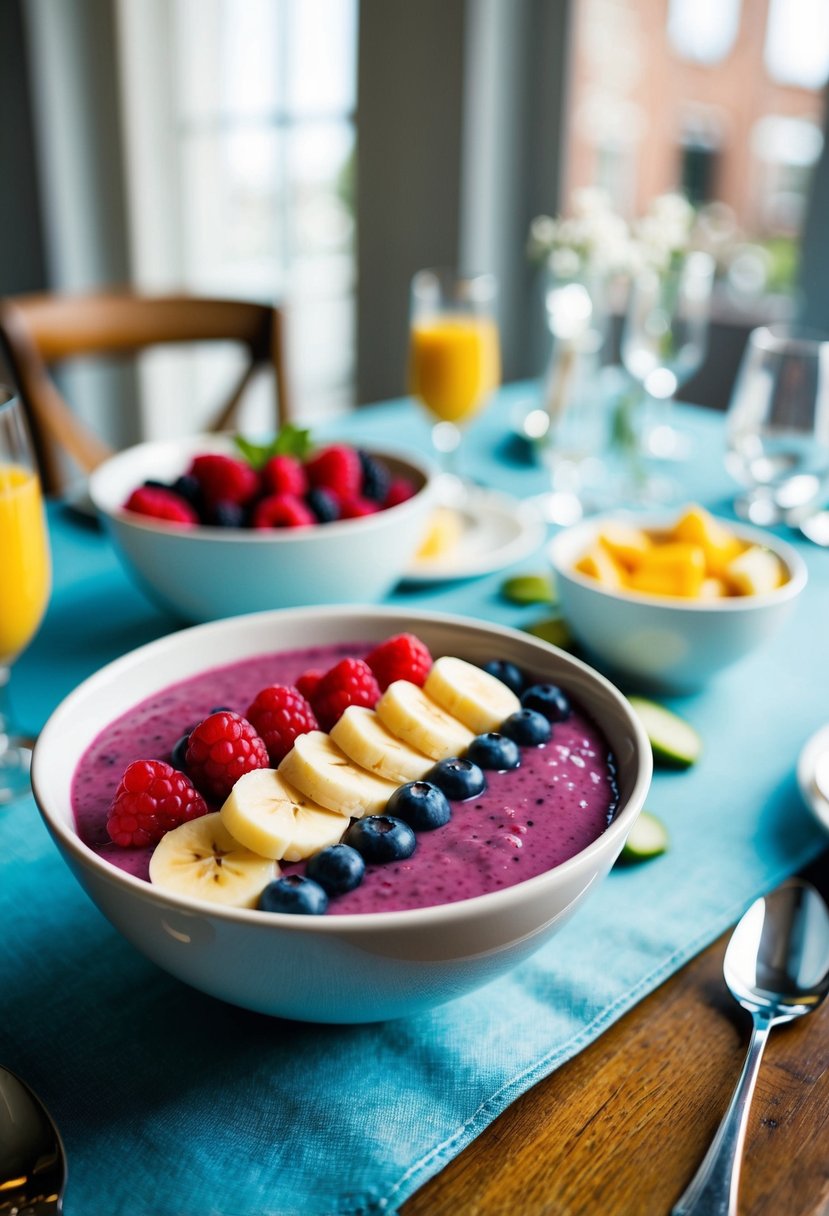 A colorful smoothie bowl topped with mixed berries and sliced bananas on a table set for a wedding morning breakfast