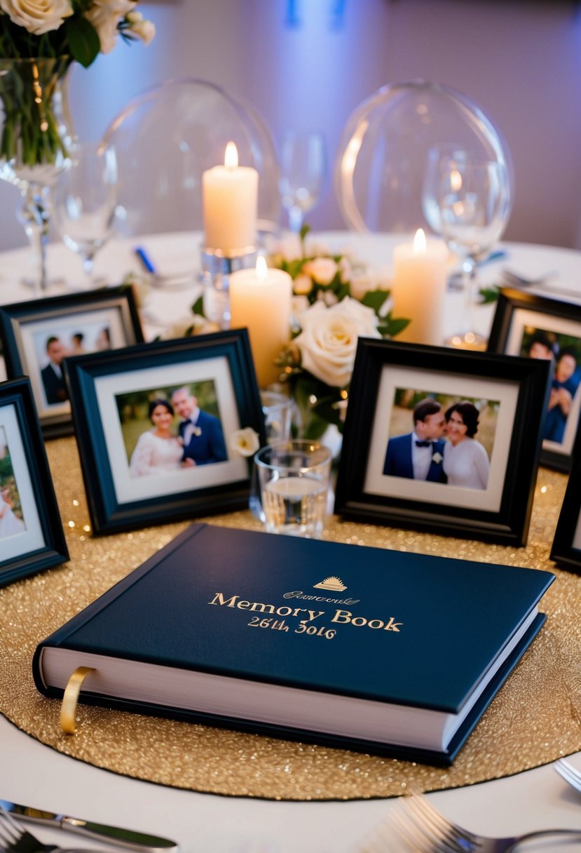 A table set with a personalized memory book, surrounded by framed photos, flowers, and candles for a wedding anniversary party