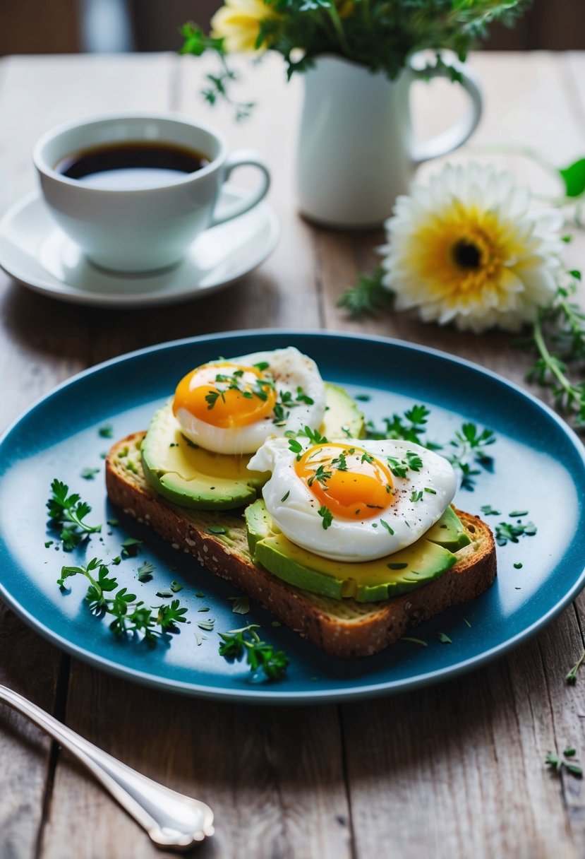 A plate of avocado toast with poached eggs, garnished with herbs, sits on a rustic wooden table, with a cup of coffee and a vase of fresh flowers nearby