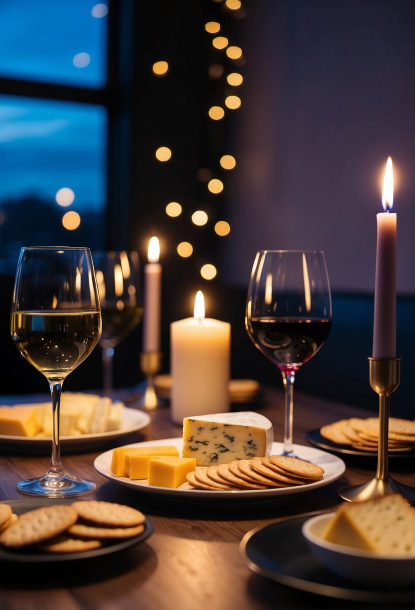 A table set with various types of cheese, crackers, and glasses of wine. A romantic ambiance with dim lighting and flickering candles