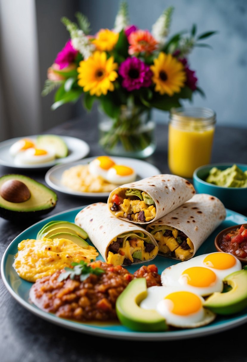 A colorful spread of breakfast burritos, eggs, avocado, and salsa on a table, with a bouquet of flowers in the background