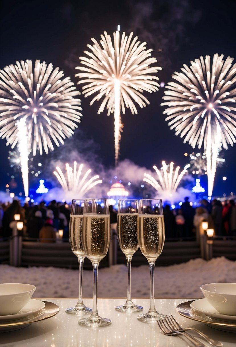 A sparkling winter wonderland with twinkling lights, champagne toasts, and a grand fireworks display to ring in the new year