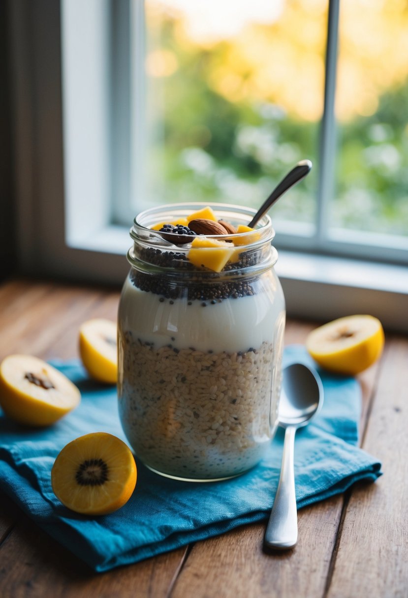 A glass jar filled with overnight oats, chia seeds, and almond milk sits on a wooden table, surrounded by fresh fruit and a delicate spoon. Morning light filters through a window, casting a warm glow on the scene