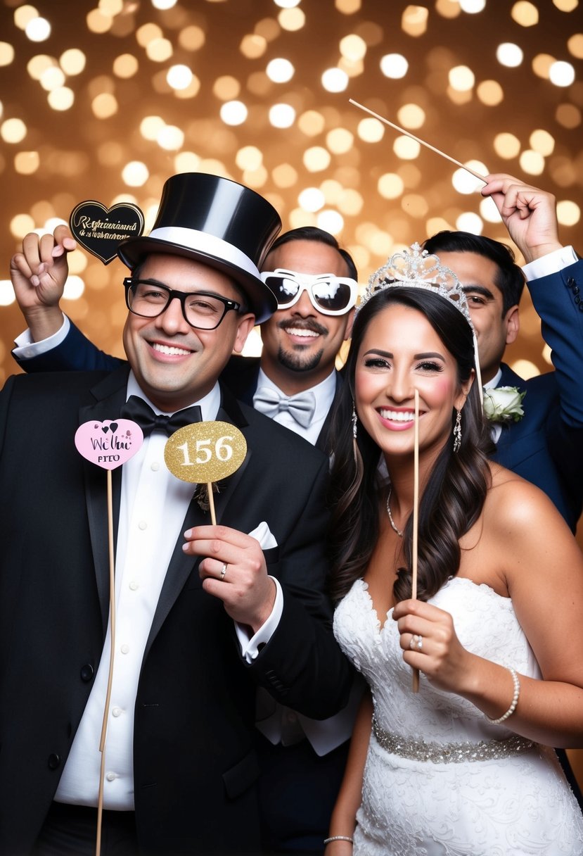 A photo booth adorned with props for a wedding anniversary party