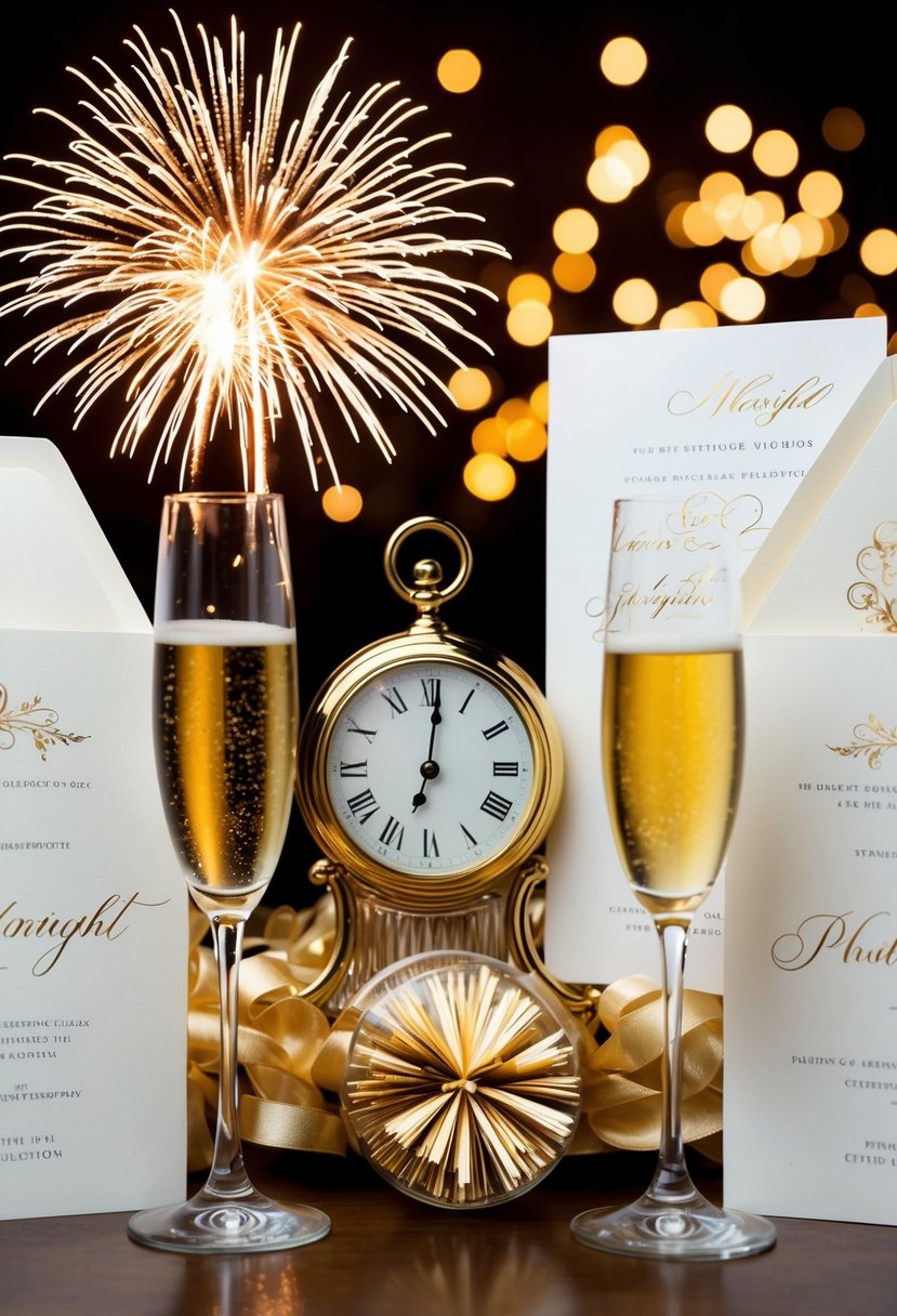 A festive scene with champagne glasses, fireworks, and a clock striking midnight, surrounded by elegant wedding invitations