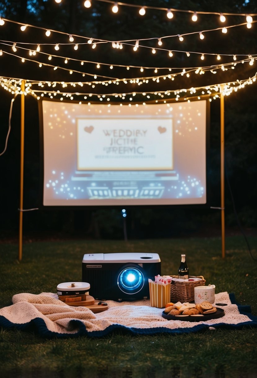 A cozy outdoor movie screening under string lights with a projector, blankets, and a picnic spread for a wedding anniversary celebration